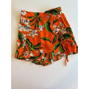 Zara Orange Tropical Floral Ruffle Skort Side Drawstring Mini Skirt Shorts XS